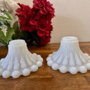 Vintage Anchor Hocking Milk Glass Boopie Candle Holders‎ MCM Charm Beaded Base